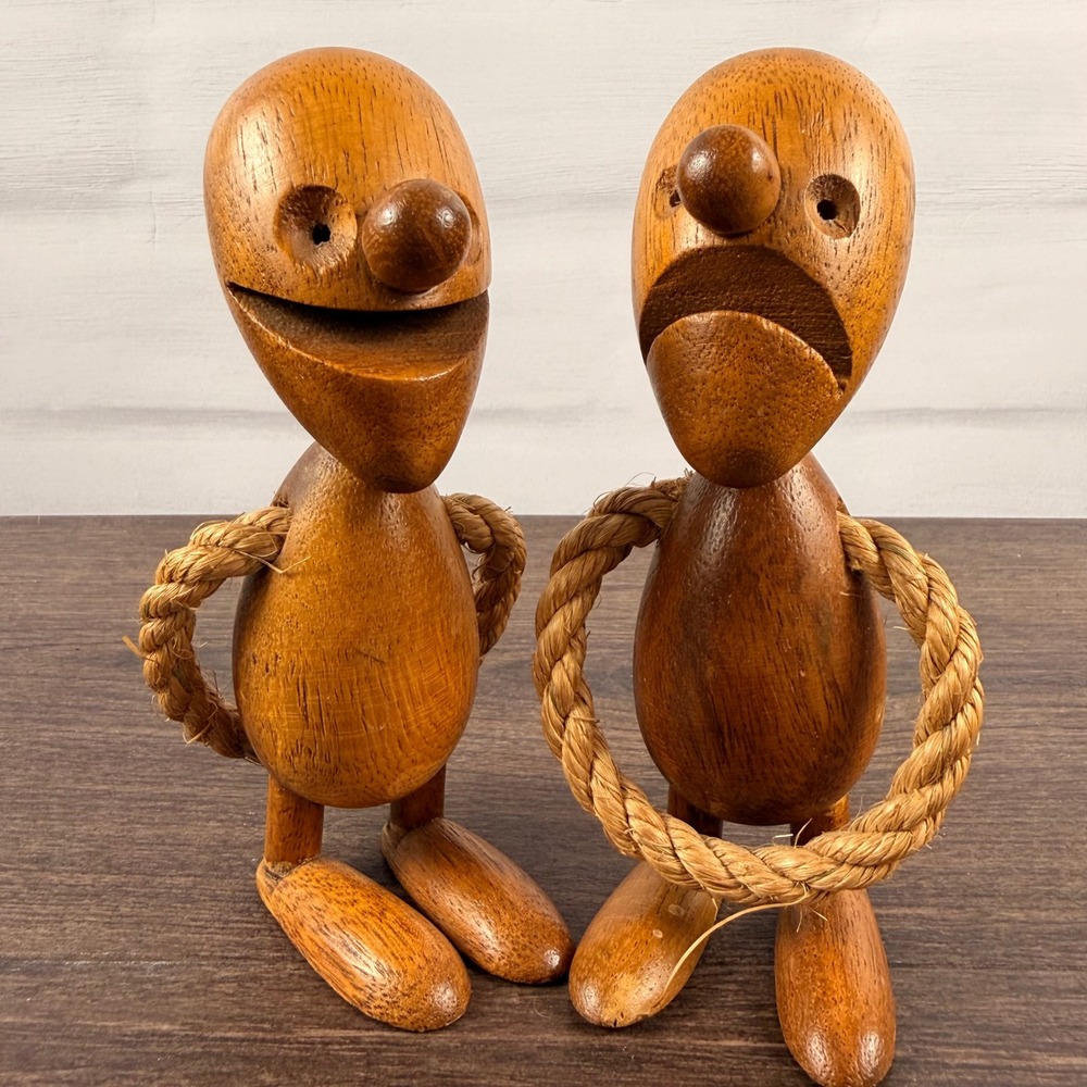 Vintage Optimist Pessimist Wood Figures Pair Danish Modern MCM Style